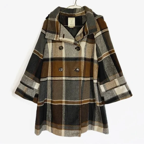Elevenses Womens Wool blend Plaid Brown and Black Pea Coat Anthropologie size S - Picture 14 of 14
